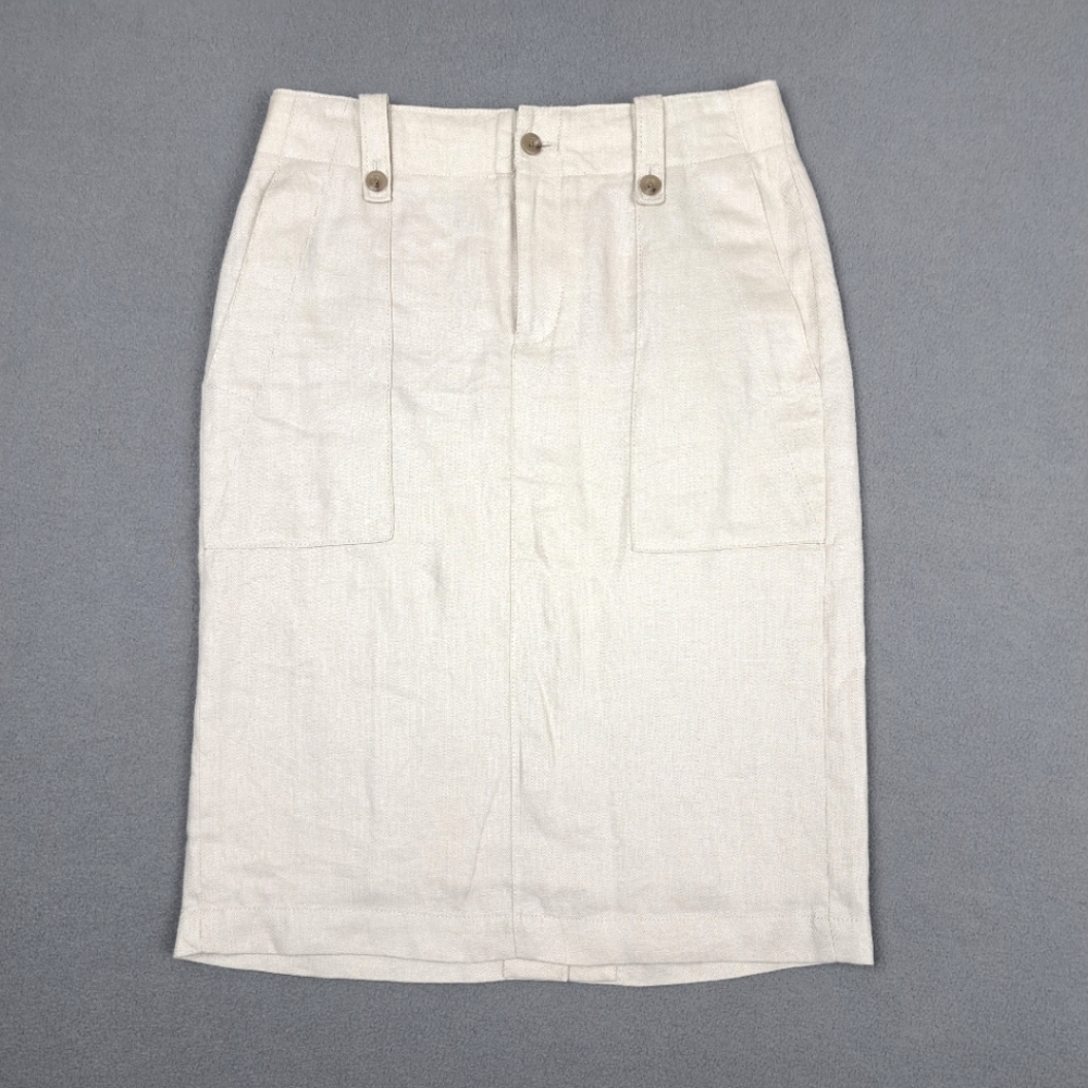 J Crew Linen Skirt Womens 2T Beige Pencil Knee Length Pockets Classic‎ Lined